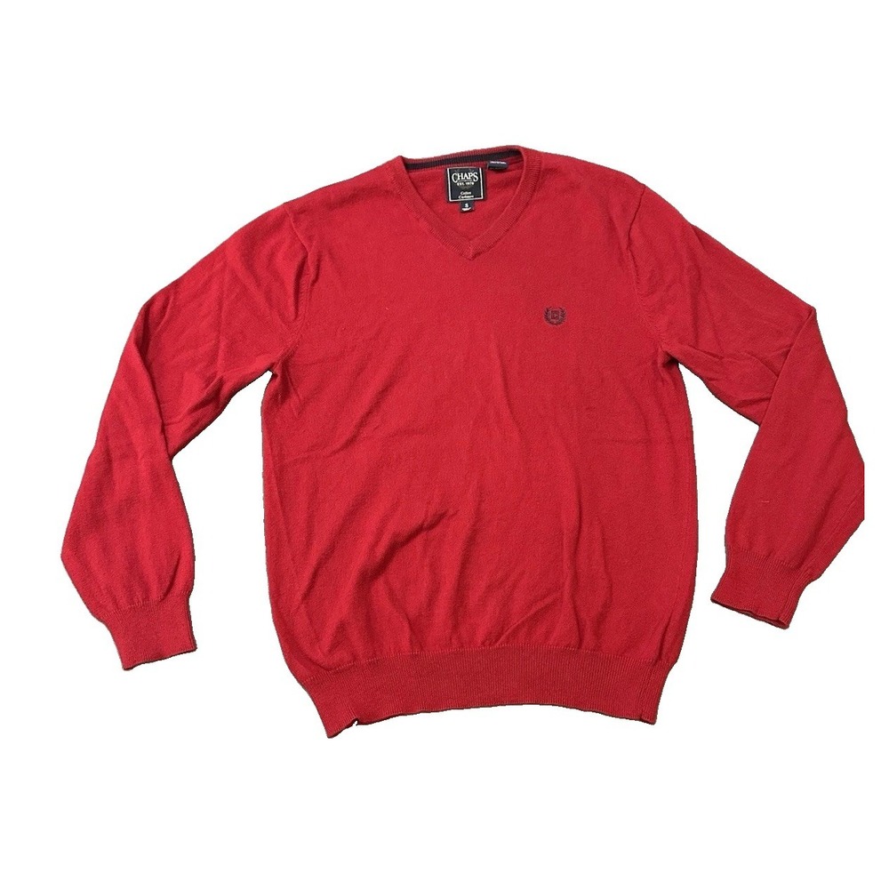 Cashmere Cotton Blend Chaps Red Mens V Neck Sweater S Preppy Logo Academia Cozy
